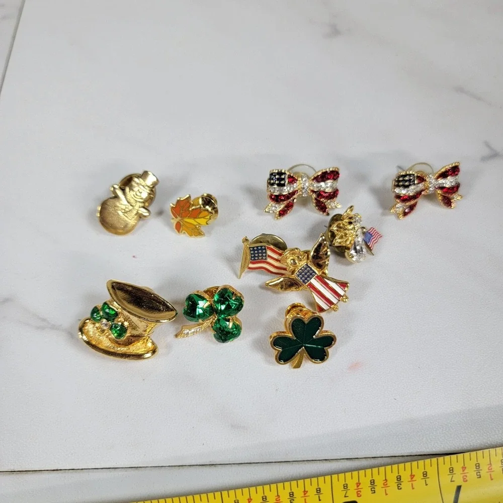 Lot Of Holiday Lapel Hat Pins Enamel Shamrock Flag Leaf Earring‎ Set